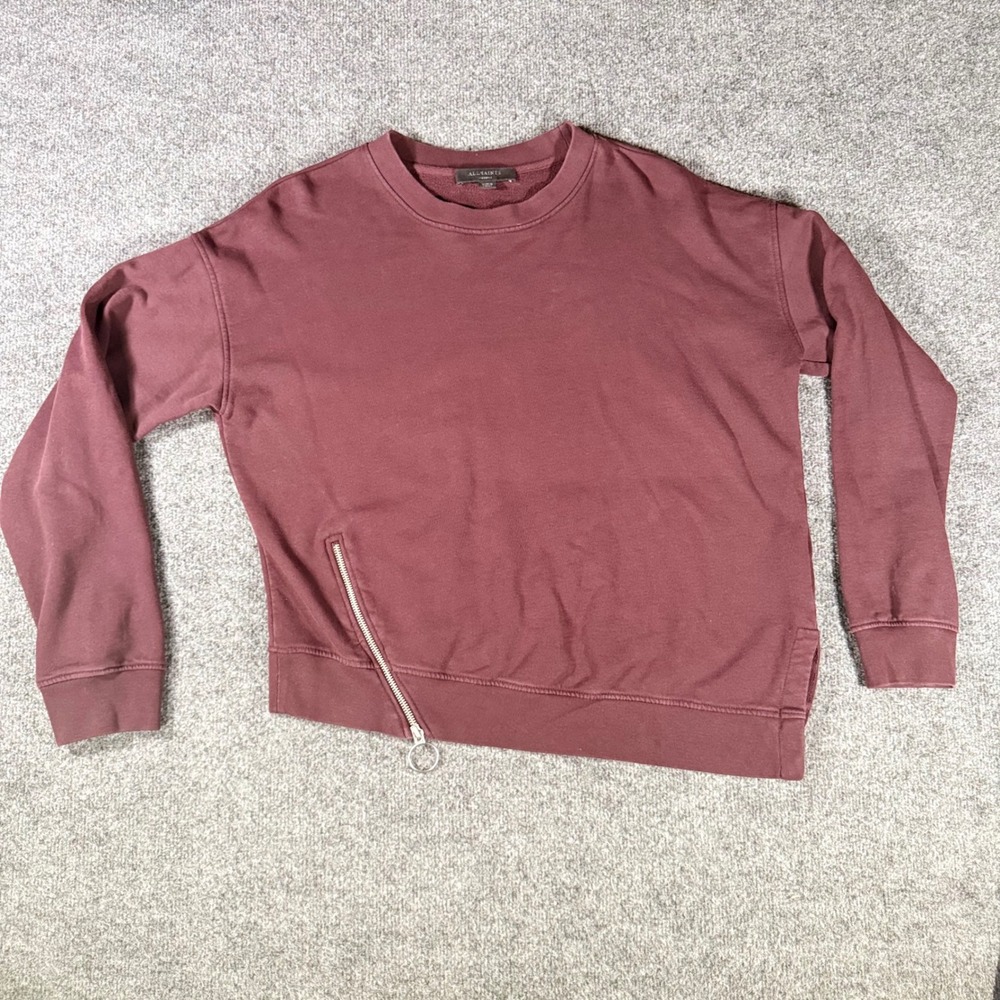AllSaints Sweatshirt Side Zip Pullover Cotton Medium Burgundy Maroon Women